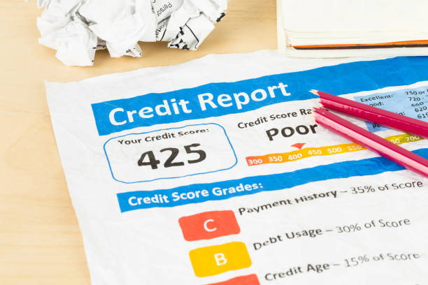 Poor credit score report on wrinkled paper with pen and calculator; document and the report are mocked-up